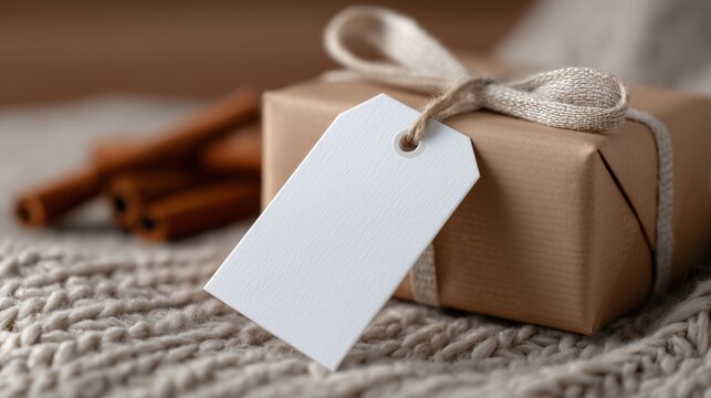 Cozy gift box wrapped in brown kraft paper and rustic ribbon, featuring a blank tag for a personalized message, set on a warm knitted blanket.