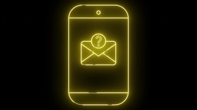 Yellow neon smartphone outline on black background displaying envelope icon with a question mark