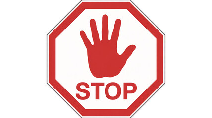 Stop sign isolated on transparent background, with hand symbol for safety and compliance in diverse situations requiring immediate halt action