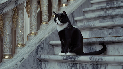 A black and white cat is sitting on a marble staircase