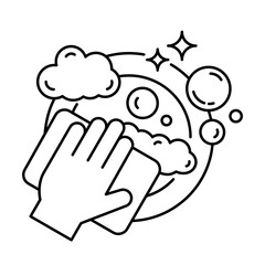 Clean dishes icon set. Shiny plate stack, cleaning wipes sponge soap bubbles and foam plate or glass , wash kitchen utensil, pile tableware, symbol, black, line, flat vector, isolated illustration.