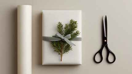 Minimalist holiday crafting scene, emphasizing texture and the simple elegance of the materials for gift preparation.