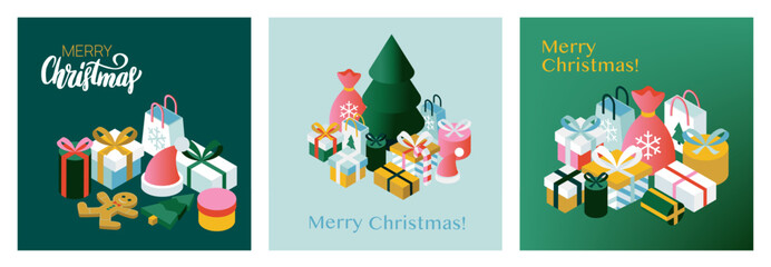Merry Christmas Isometric Greeting Cards Set. Vector Illustration of Isomerty Winter Objects. Seasonal Greetings. Santa Claus and Happy New Year Concept.