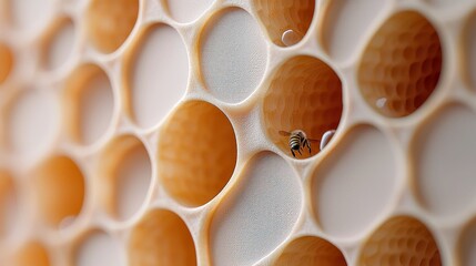 A single bee is positioned inside a hexagonal cell of a honeycomb structure. Small water droplets are visible within some cells. The lighting is soft and diffus