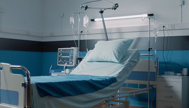 Modern hospital room with advanced medical equipment and a clean white bed
