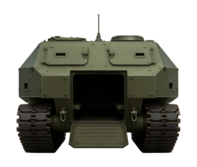 Tracked personnel carrier featuring a rear ramp and side firing openings.