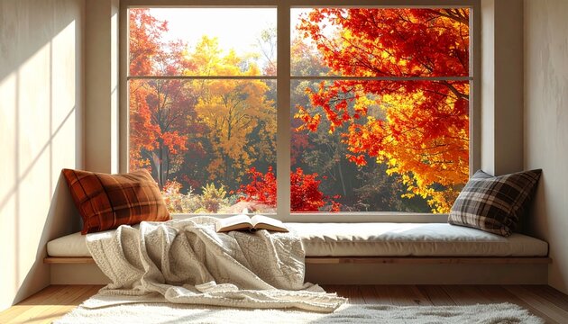 Cozy 3D window seat, minimalist reading nook, autumn view.