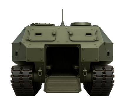 Tracked personnel carrier featuring a rear ramp and side firing openings.