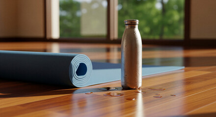 Blue yoga mat and water bottle on wooden floor for New Year fitness resolution concept