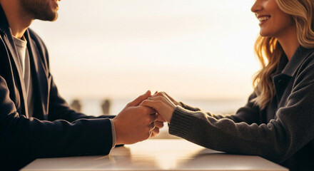 Loving couple holding hands at sunset date for Valentine's Day card and relationship blog