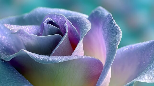 A macro shot of a rose's petals covered in water droplets, with soft pastel colors and a blurred background. - Powered by Adobe
