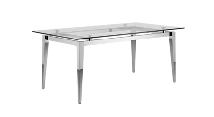 Dining Table, Rectangular glass top with polished chrome metal frame and legs, cutout, PNG isolated on white or transparent background