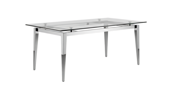 Dining Table, Rectangular glass top with polished chrome metal frame and legs, cutout, PNG isolated on white or transparent background
