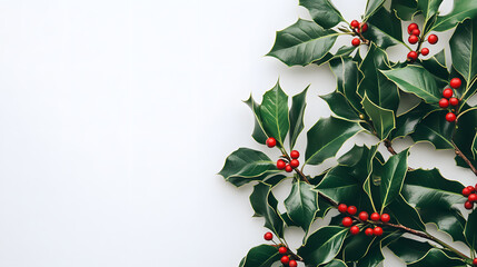 Close-up of holly leaves with red berries on a white background