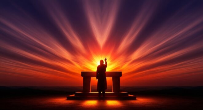 Man silhouette raising hand in front of an altar at sunset. Religious worship concept for christianity and spiritual events.