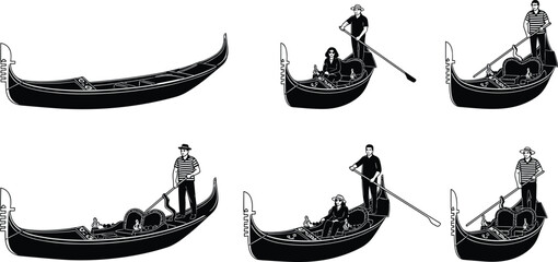 Set of black silhouette vector illustrations featuring traditional Venetian gondolas with gondoliers and passengers, representing Italy, tourism, and romantic travel destinations © Parvej Creatives