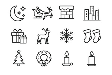 Naklejka premium Christmas Icons Collection. Christmas Eve. Line outline icon set of Christmas Eve: moon, stars, Santa sleigh,