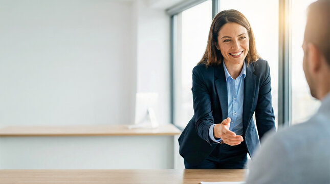 Smiling businesswoman offering handshake with copy space during job interview in modern office