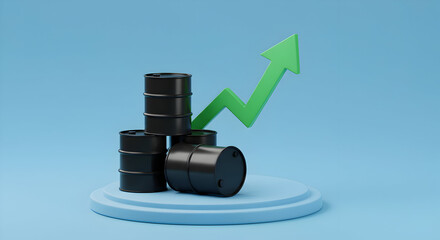 Oil barrels with a rising green arrow on a blue platform, indicating market growth