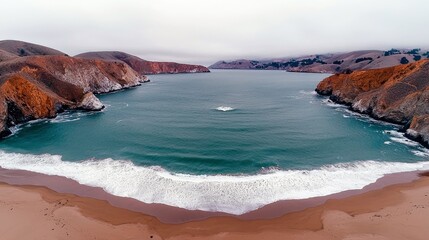 A panoramic aerial view of a secluded bay with turquoise water, white-capped waves crashing on a sandy beach, and rugged, orange-hued cliffs under a cloudy sky.