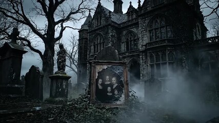 Gothic mansion scene with graveyard and dramatic atmosphere - Powered by Adobe