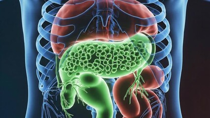 Digital X Ray Human Digestive System Anatomy And Physiology Transparent Body Outline With Internal Organs Highlighted In Red And Green Glowing With Blue Neon Light - Powered by Adobe