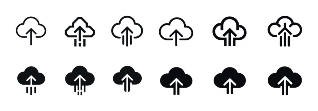 Cloud upload icons set in black and white with arrows