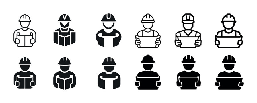 Icon set of engineers and architects in hard hats holding plans