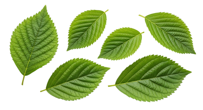 Leaves, Six vibrant green with serrated edges and prominent veins, cutout, PNG isolated on white or transparent background