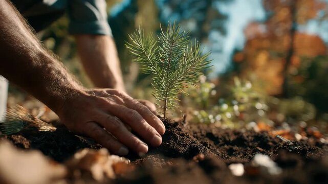 Planting a new tree sapling to grow forest with care in autumn season