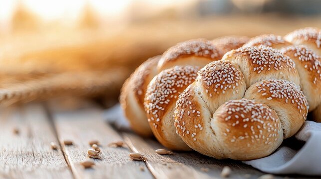 A close-up shot of a golden-brown, braided challah bread topped with sesame seeds, resting on a rustic wooden table. Wheat stalks and scattered grains are visib - Powered by Adobe