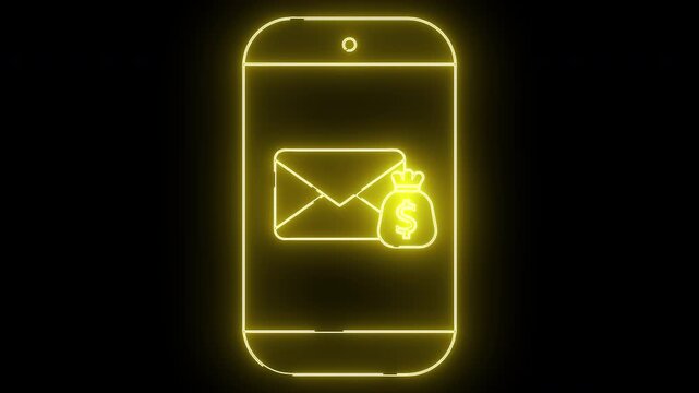 Yellow neon outlines a phone with email and money bag symbols on a black background