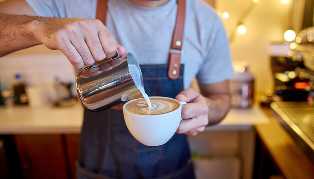 Young man holding a hot coffee mug and drinking a beverage at a cafe table - Powered by Adobe