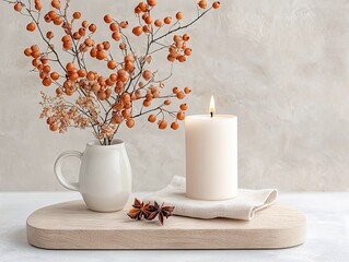 A lit white candle, a vase with dried berries and flowers, and star anise are arranged on a wooden board against a textured background. Soft, warm light.