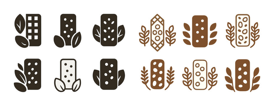 Geometric chocolate bar icons with leaves and wheat design