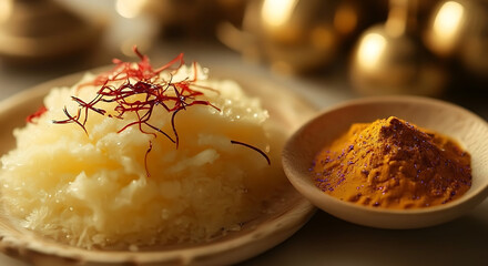 Close up of a dessert with saffron threads and a small bowl of turmeric on a wooden surface