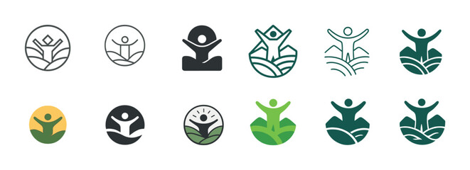 Set of eco-friendly organic logos with human figure in various poses
