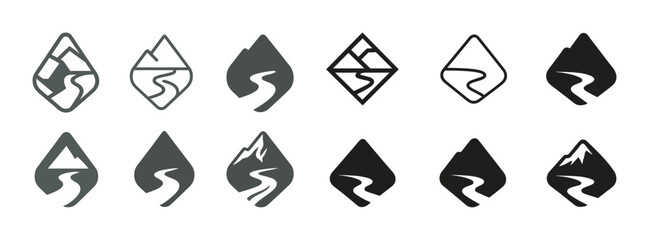 Geometric mountain and river logo set in monochrome