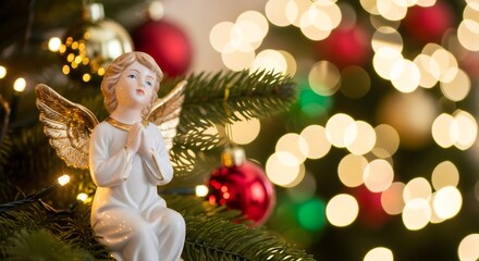 Angel figurine with golden wings praying on a decorated Christmas tree with bokeh lights. Christian holiday decoration for festive greeting card.