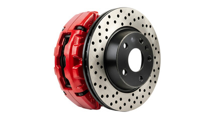 Brake Caliper and Rotor, Red performance with drilled rotor assembly, cutout, PNG isolated on white or transparent background brake rotor