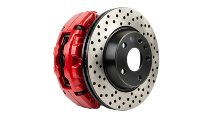 Brake Caliper and Rotor, Red performance with drilled rotor assembly, cutout, PNG isolated on white or transparent background brake rotor