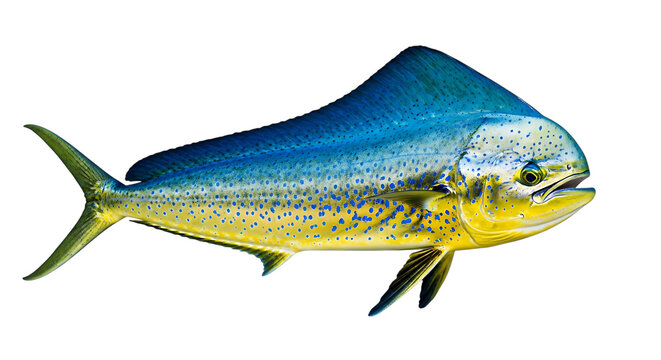 Mahi Fish, Vibrant with Blue Spots and Yellow Body, cutout, PNG isolated on white or transparent background dolphin fish dorado