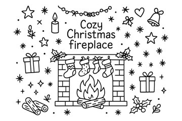 Cozy Christmas Fireplace. Cozy Christmas fireplace. Hand-drawn doodle illustration of Cozy Christmas fireplace