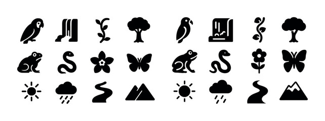 Naklejka premium Nature icons: animals, plants, and landscape elements in simple black silhouette style