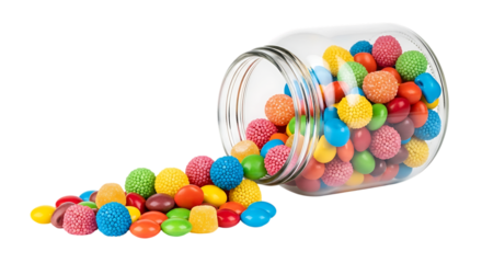 Candies, Glass jar spilling colorful round and textured on a white surface, cutout, PNG isolated on white or transparent background