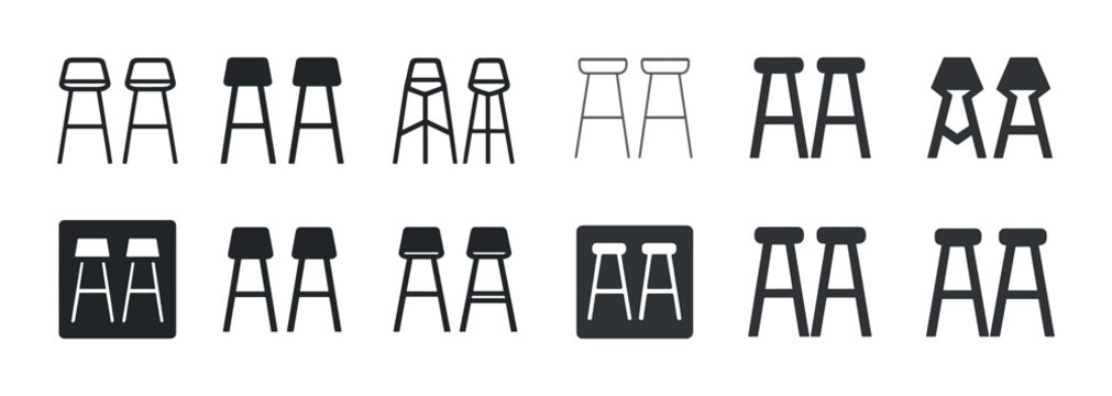 Set of various bar stool silhouettes in black and white design
