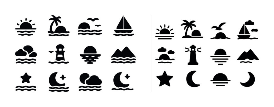 Seaside silhouettes: palm trees, sailboats, and lighthouses in black icons