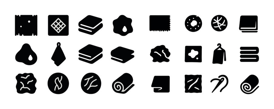 Various black icon set: towels, cloths, spa, fabrics, and cleaning symbols