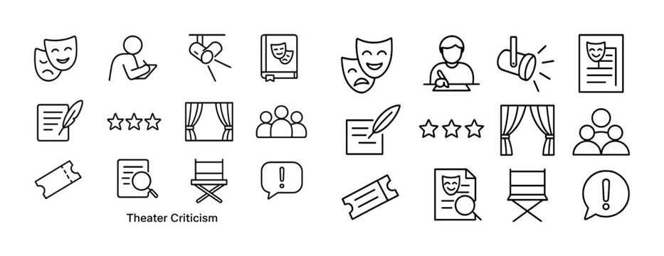 Theater criticism icons: masks, reviews, tickets, and stage elements