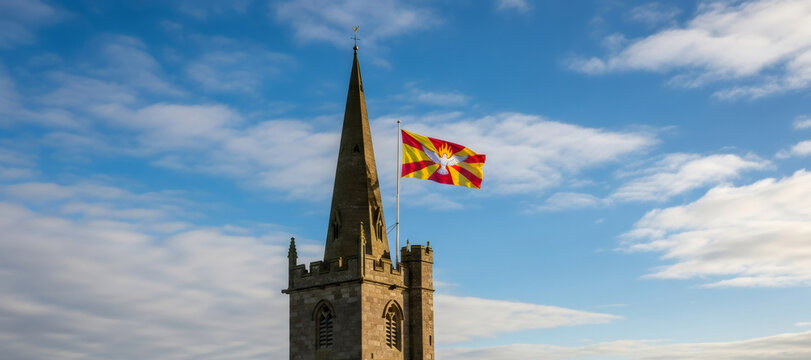 Church steeple with a holy spirit flag waving against a clear blue sky. Christian religion and spiritual celebration concept. Banner with copy space - Powered by Adobe